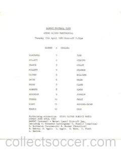 Barnet v Chelsea official teamsheet 15/04/1980 Steve Oliver Testimonial Match