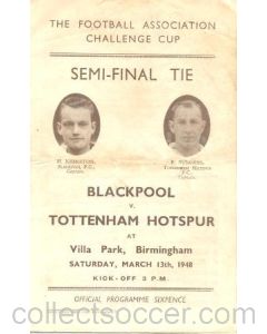 1948 Blackpool v Tottenham Hotspur official programme 13/03/1948 FA Cup Semi-Final
