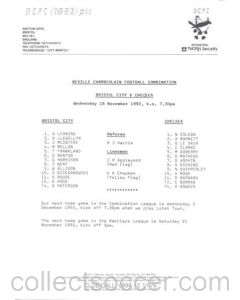 Bristol City v Chelsea Reserves official teamsheet 18/11/1992 Football Combination