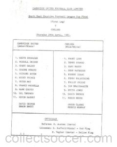 Cambridge United v Chelsea official teamsheet 28/04/1983 South East Counties League Cup Final