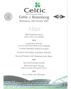 2001 Celtic v Rosenborg menu 10/10/2001