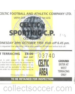 Celtic v Sporting ticket 20/10/1993 UEFA Cup