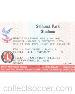 Crystal Palace v Coventry City ticket 01/12/1990 Football League