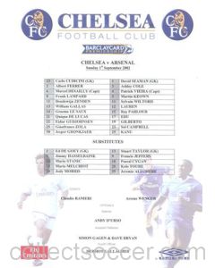 Chelsea v Arsenal official colour teamsheet 01/09/2002 Premier League