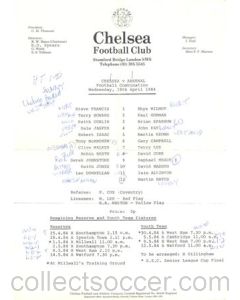 Chelsea v Arsenal Reserves official teamsheet 18/04/1984 Football Combination