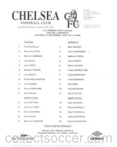 Chelsea v Barnsley official teamsheet of an unknown season F.A. Premier Youth League