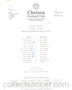 Chelsea v Birmingham Reserves official teamsheet 07/09/1985 Football Combination
