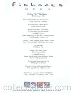 Chelsea v Blackburn Rovers Fishnets menu 22/02/2003