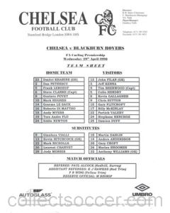 Chelsea v Blackburn Rovers official teamsheet 29/04/1998 Premier League
