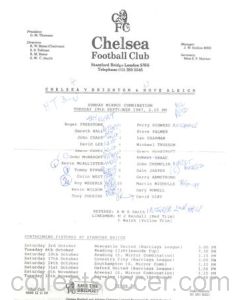 Chelsea v Brighton Reserves official teamsheet 29/09/1987 Football Combination
