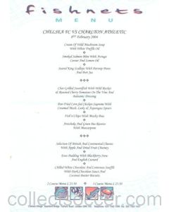 Chelsea v Charlton Athletic Fishnets menu 08/02/2004 Premier League