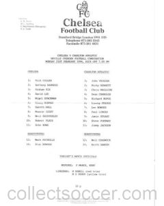 Chelsea v Charlton Athletic Reserves official teamsheet 21/02/1994 Neville Ovenden Football Combination