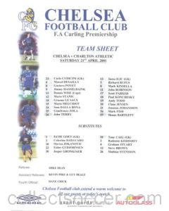 Chelsea v Charlton Athletic official colour teamsheet 21/04/2001 Premier League