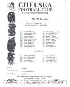 Chelsea v Coventry City official teamsheet 21/10/2000 Premier League