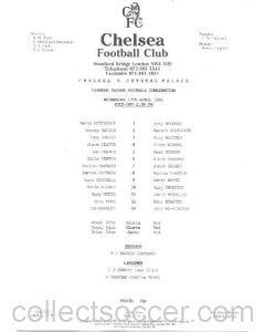 Chelsea v Crystal Palace Reserves official teamsheet 17/04/1991 Football Combination