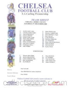 Chelsea v Derby County official colour teamsheet 09/12/2000 Premier League