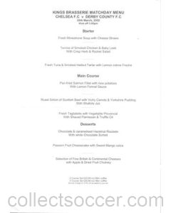 Chelsea v Derby County Kings Brasserie menu 30/03/2002