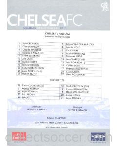 Chelsea v Fulham official teamsheet 23/04/2005
