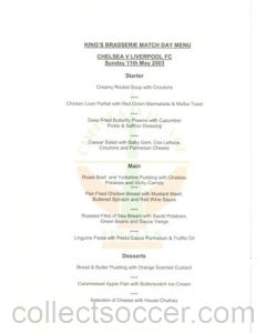 Chelsea v Liverpool Fishnets King's Brasserie menu 11/05/2003