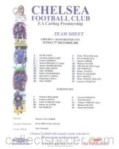 Chelsea v Manchester City official colour teamsheet 03/12/2000 Premier League