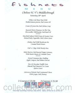 Chelsea v Middlesbrough Fishnets menu 10/04/2004 Premier League