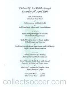 Chelsea v Middlesbrough not branded menu 10/04/2004 Premier League