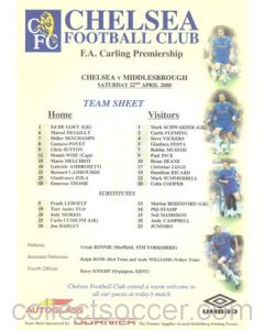 Chelsea v Middlesbrough official colour teamsheet 22/04/2000 Premier League