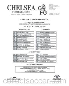 Chelsea v Middlesbrough official teamsheet 26/09/1998 Premier League