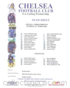Chelsea v Middlesbrough official colour teamsheet 31/03/2001 Premier League