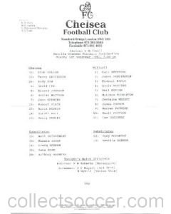 Chelsea v Millwall Reserves official teamsheet 01/11/1993 Football Combination