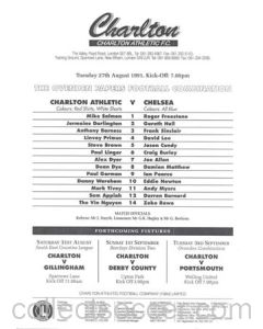 Charlton Athletic v Chelsea Reserves official teamsheet 27/08/1991 Football Combination