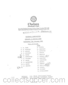 Chelsea v Ipswich Town Reserves official teamsheet 07/01/1981 Football Combination