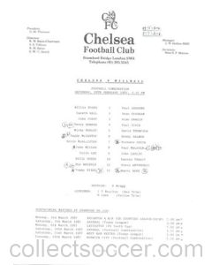 Chelsea v Millwall Reserves official teamsheet 28/02/1987 Football Combination