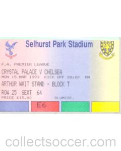 Crystal Palace v Chelsea ticket 15/03/1993 Premier League
