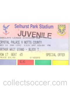 Crystal Palace v Notts County ticket 01/01/1992