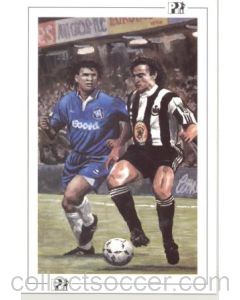 Newcastle United's French International David Ginola about to feel the challenge of Chelsea's Dutch International Maestro Ruud Gullit postcard