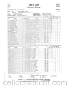 2002 World Cup - Denmark v Senegal 06/06/2002 Match Report & Game Statistics Full & Half Time and Start List