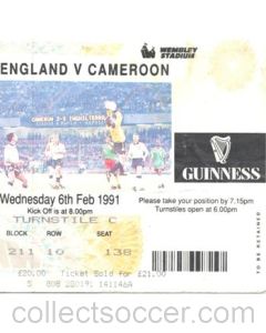 England v Cameroon ticket 06/02/1991 at Wembley