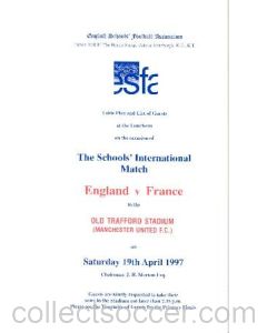 At Manchester United England v France menu 19/04/1997 Schools' International Match