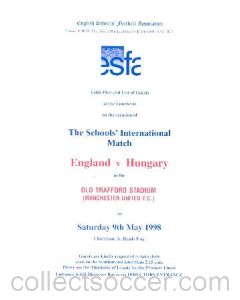 At Manchester United England v Hungary menu 09/05/1998 Schools' International Match
