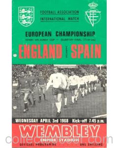 1968 England v Spain official programme 03/04/1968 European Championship, hole-punched