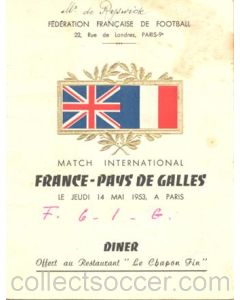 France v Wales fully signed menu 14/05/1953