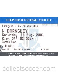 Gillingham v Barnsley ticket 25/08/2001 Football League