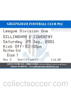 Gillingham v Coventry City ticket 29/09/2001 Football League
