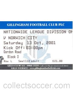 Gillingham v Norwich City ticket 13/10/2001 Football League