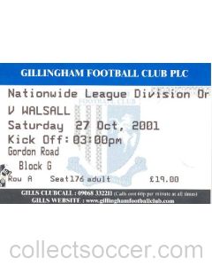 Gillingham v Walsall ticket 27/10/2001 Football League