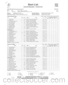 2002 World Cup - Ireland Republic Cameroon 01/06/2002 Match Report & Game Statistics, Match Report & Game Statistics Half Time & Srat List