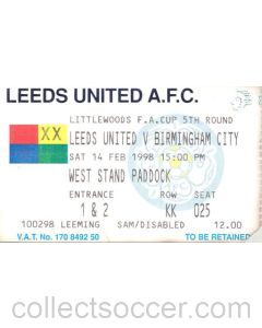 Leeds United v Birmingham City ticket 14/02/1998 F.A. Littlewoods Cup