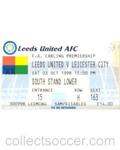 Leeds United v Leicester City ticket 03/10/1998