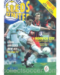 Leeds United v Norwich City official programme 06/05/1995 Premier League, with a giant Deane & Palmer poster and a teamsheet